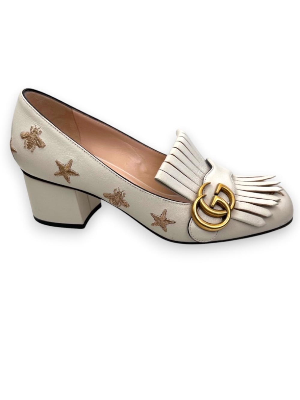 Gucci Marmont White Leather Bee Star Embroidered Fringe Block Heel Pumps Size 37